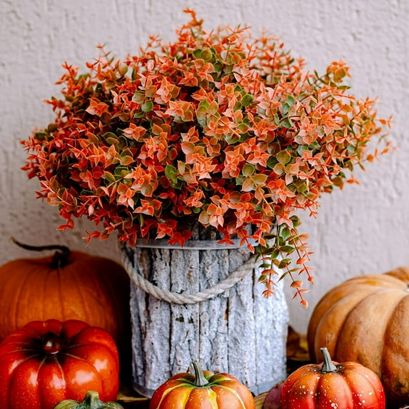 Viworld Artificial Plants Outdoor Boxwood Shrubs - 12 PCS Bundles Fake Plants UV Resistant No Fade Faux Plastic Greenery Fall Flowers Garden Porch Patio Decoration Thanksgiving (Green Orange)