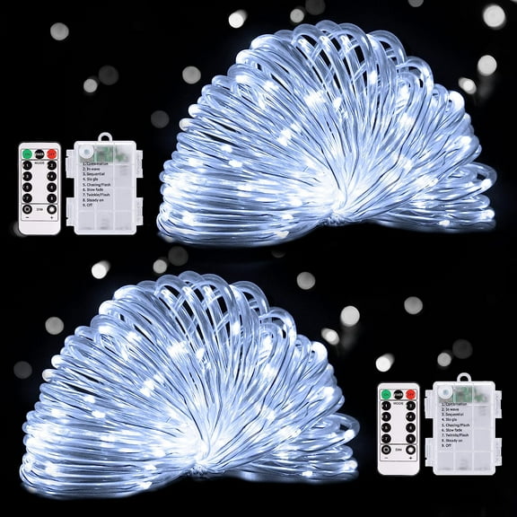 Viworld Battery Operated Rope Lights 2 Pack, 39 Ft 100 LED Battery Rope Lights Outdoor Waterproof, 8 Modes Camping String Lights for Party Garden Walkway Patio Decorations (White)