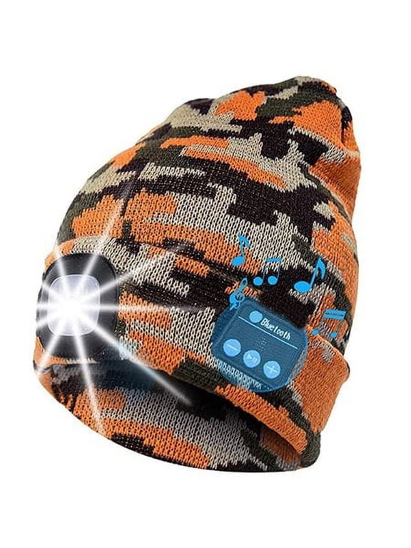 Bluetooth Beanie Hat with Light, Unisex USB Rechargeable 4 LED Headlamp Cap with Headphones, Built-in Speakers & Mic Winter Knitted Night Lighted Music Hat, for Christmas (Camouflage Yellow)