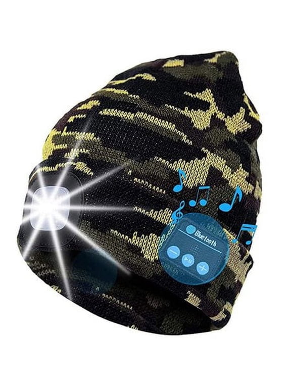 Bluetooth Beanie Hat with Light, Unisex USB Rechargeable 4 LED Headlamp Cap with Headphones, Built-in Speakers & Mic Winter Knitted Night Lighted Music Hat, for Christmas (Camo Army Green)