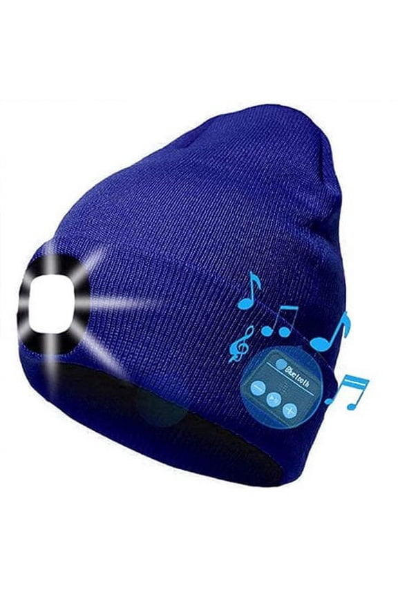 Bluetooth Beanie Hat with Light, Unisex USB Rechargeable 4 LED Headlamp Cap with Headphones, Built-in Speakers & Mic Winter Knitted Night Lighted Music Hat, for Christmas Gifts (Royal Blue)