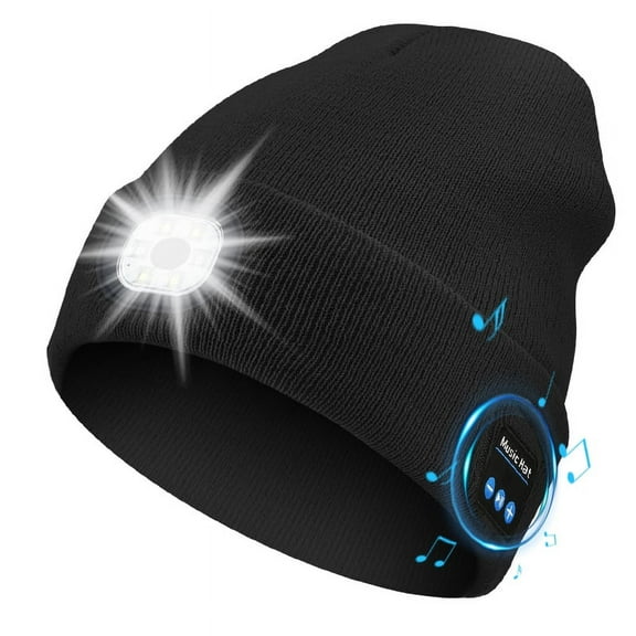 Viworld Bluetooth Beanie Hat with Light, Unisex USB Rechargeable LED Headlamp Cap with Headphones, Built-in Speakers & Mic Winter Knitted Night Lighted Music Beanie Hat, Gifts for Men Him Husband