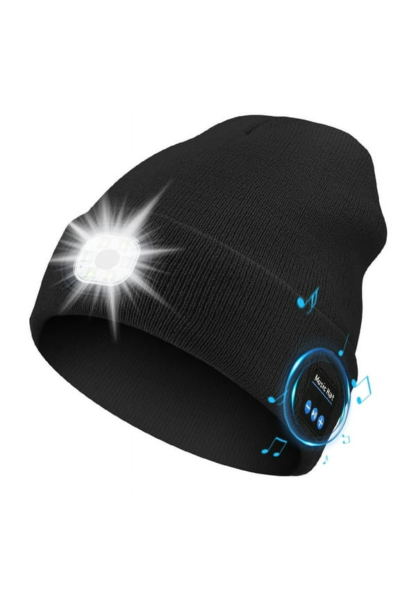 Bluetooth Beanie Hat with Light, Unisex USB Rechargeable LED Headlamp Cap with Headphones, Built-in Speakers & Mic Winter Knitted Night Lighted Music Beanie Hat, Gifts for Men Him Husband