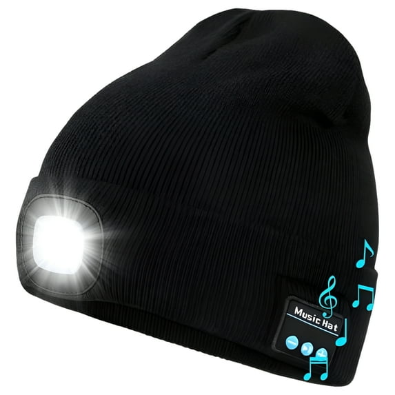 Viworld Bluetooth Beanie Hat with Light, Unisex USB Rechargeable LED Headlamp Cap with Headphones, Built-in Speakers & Mic Winter Knitted Night Lighted Music Hat, Christmas Gifts for Adult (Black)