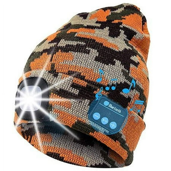 Viworld Bluetooth Beanie Hat with Light, Unisex USB Rechargeable LED Headlamp Cap with Headphones, Built-in Speakers & Mic Winter Knitted Night Lighted Music Hat, Christmas Gifts (Camo Yellow)