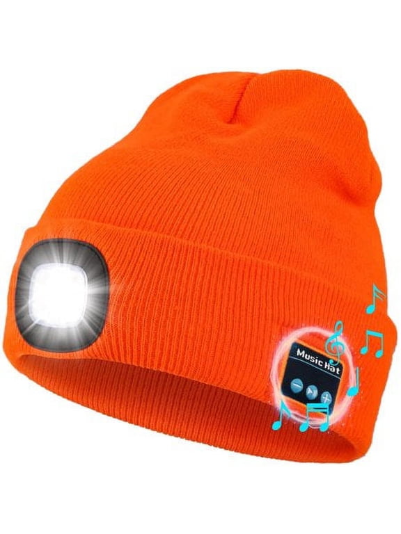 Bluetooth Beanie Hat with Light, Unisex USB Rechargeable LED Headlamp Cap with Headphones, Built-in Speakers & Mic Winter Knitted Night Lighted Music Hat, Christmas Gifts for Adult (Orange)