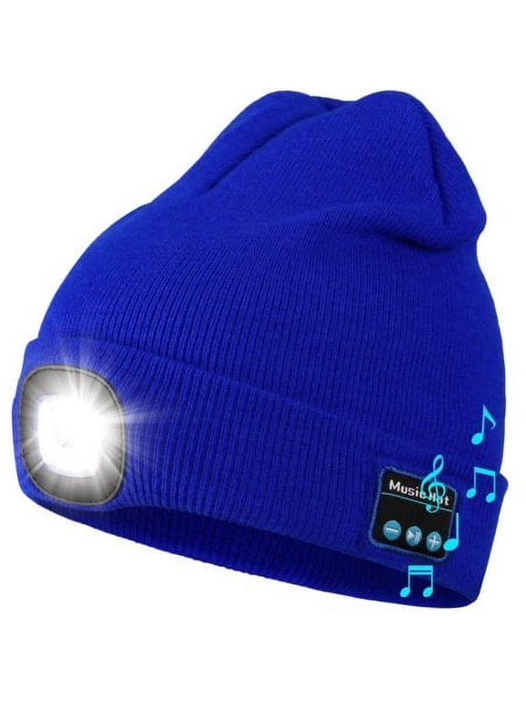 Bluetooth Beanie Hat with Light, Unisex USB Rechargeable LED Headlamp Cap with Headphones, Built-in Speakers & Mic Winter Knitted Night Lighted Music Hat, Christmas Gifts for Adult (Blue)