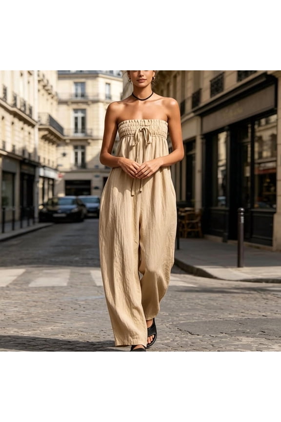Chic Pockets + Pleats + Strapless! Women's Sleeveless Jumpsuit – Solid Color, Elegant Casual Wear Apricot,XS