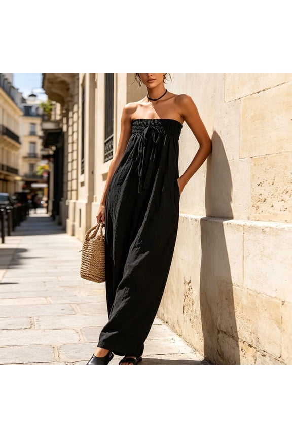 Chic Pockets + Pleats + Strapless! Women's Sleeveless Jumpsuit – Solid Color, Elegant Casual Wear Black,M
