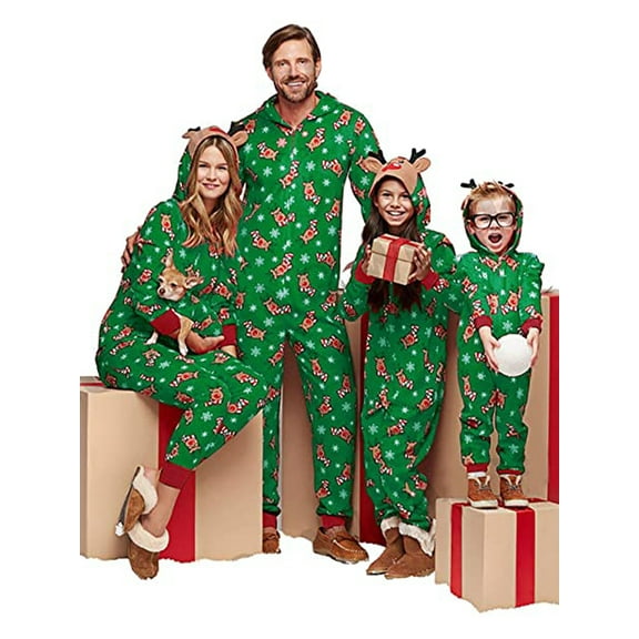 Viworld Christmas Family Matching Hoodie Pajamas Reindeer Romper Long Sleeve One Piece Jumpsuit Zipper Pjs for Adult Kids Baby Green