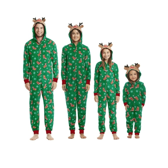 Viworld Christmas Family Matching Outfit Pajamas Long Sleeve Reindeer Print Hooded Jumpsuit Romper