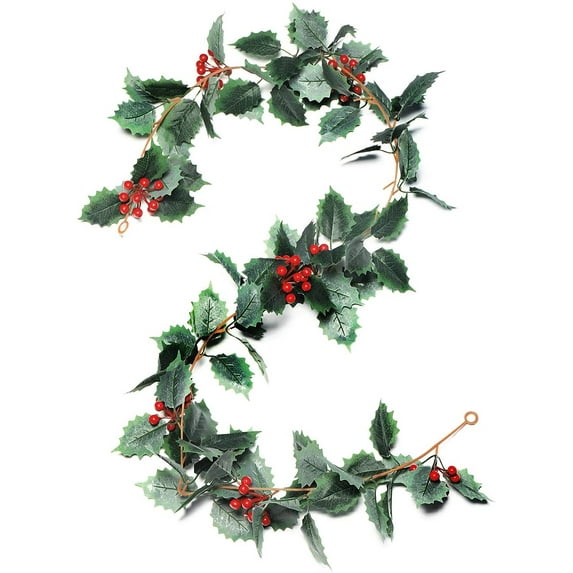 Viworld Christmas Garland Holly Leaves and Red Berries Winter Garland, Holiday Decoration Holly Leaf Garland, 5.5 FT Premium Garland Christmas for Mantle(Dark Green)