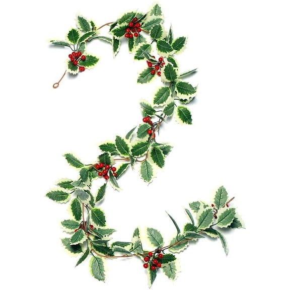Viworld Christmas Garland Holly Leaves and Red Berries Winter Garland, Holiday Decoration Holly Leaf Garland, 5.5 FT Premium Garland Christmas for Mantle(Green)