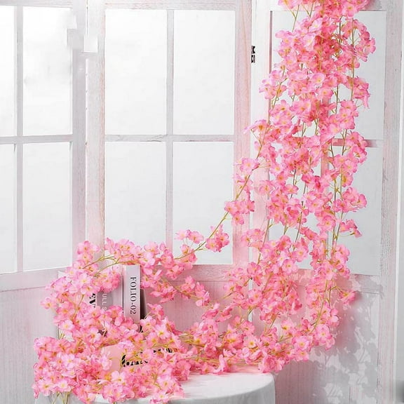 Viworld Fake Flowers Artificial Flowers Cherry Blossom Vine Rattan Wall Hanging Garlands DIY Wreath Wedding Arch Home Decor 1.8m 135 Sakura Flowers Head (Color : Dark Pink)