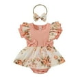 thumbnail image 1 of Viworld Infant Girls Ruffles Short Sleeve Floral Printed Romper Newborn Bowknot Ribbed Bodysuits Headbands Outfits Baby Cute Clothing, 1 of 7