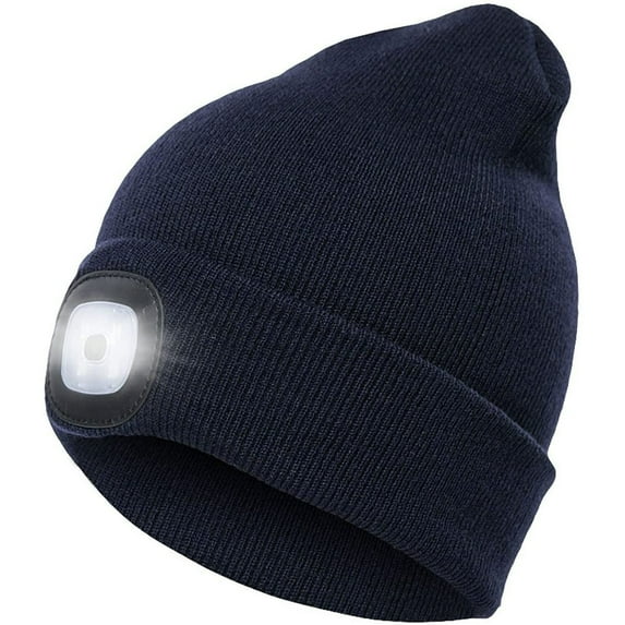 Viworld Knitted Beanie Hat With 4 LED Flashlight Winter Hat USB Rechargeable Headlamp Cap for Hunting Camping Unisex (Navy Blue)