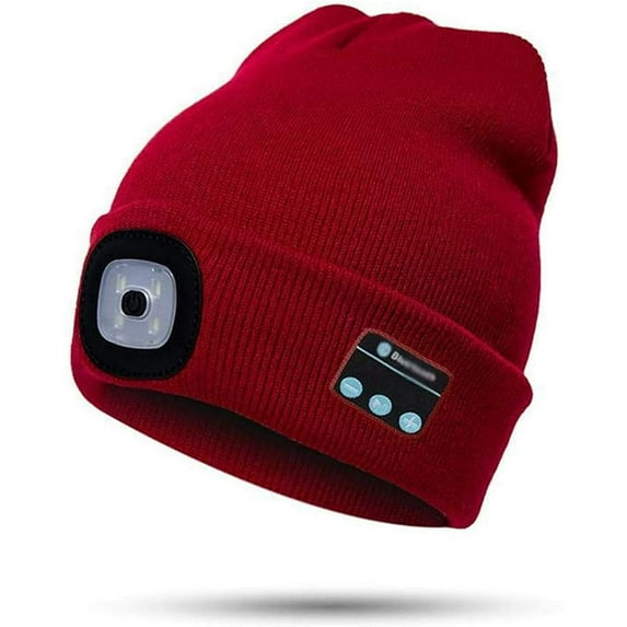 Viworld LED Beanie Bluetooth Hat Built-in Stereo Speakers & Mic Hands-Free Hat Lights USB Rechargeable LED Headlamp Winter Knit Cap for Men Women, Red
