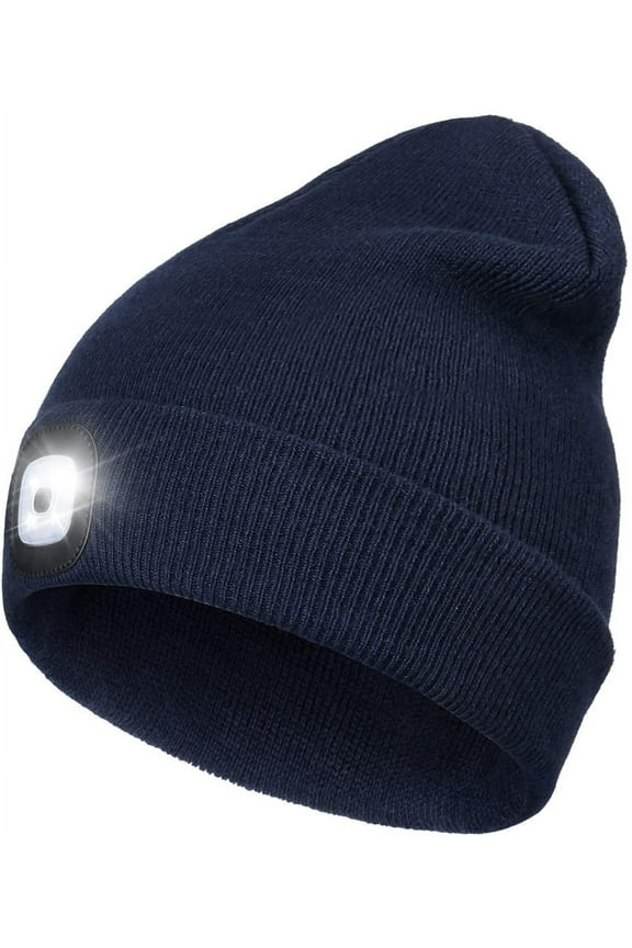 LED Beanie Hat with Lights, Unisex USB Rechargeable 4 LED Headlamp Cap Winter Hat for Outdoor Sport Ski Running, Navy Blue