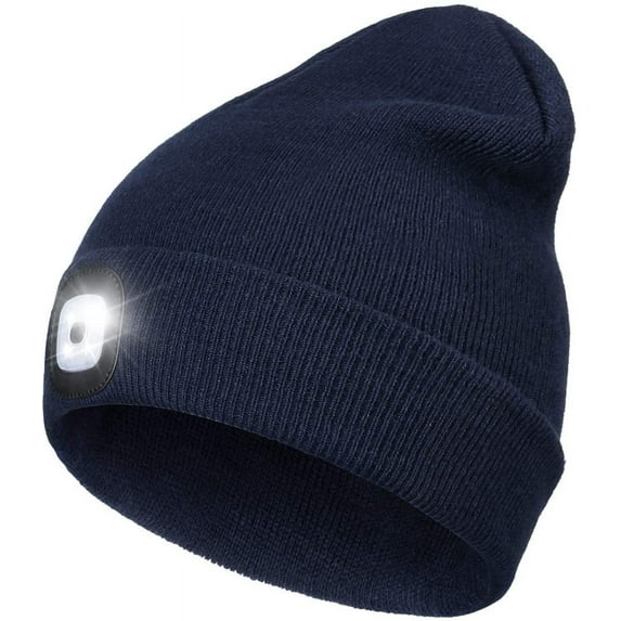 Viworld LED Beanie Hat with Lights, Unisex USB Rechargeable 4 LED Headlamp Cap Winter Hat for Outdoor Sport Ski Running, Navy Blue