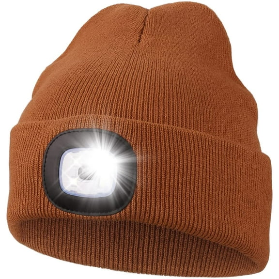 Viworld LED Beanie with Light,Unisex USB Rechargeable Hands Free 4 LED Headlamp Cap,Women Men Winter Knitted Night Lighted Hat Flashlight for Outdoor Sports Camping Hiking (Yellow Brown)