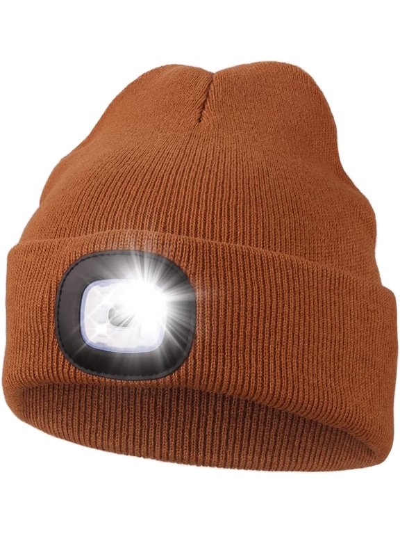 LED Beanie with Light,Unisex USB Rechargeable Hands Free 4 LED Headlamp Cap,Women Men Winter Knitted Night Lighted Hat Flashlight for Outdoor Sports Camping Hiking (Yellow Brown)