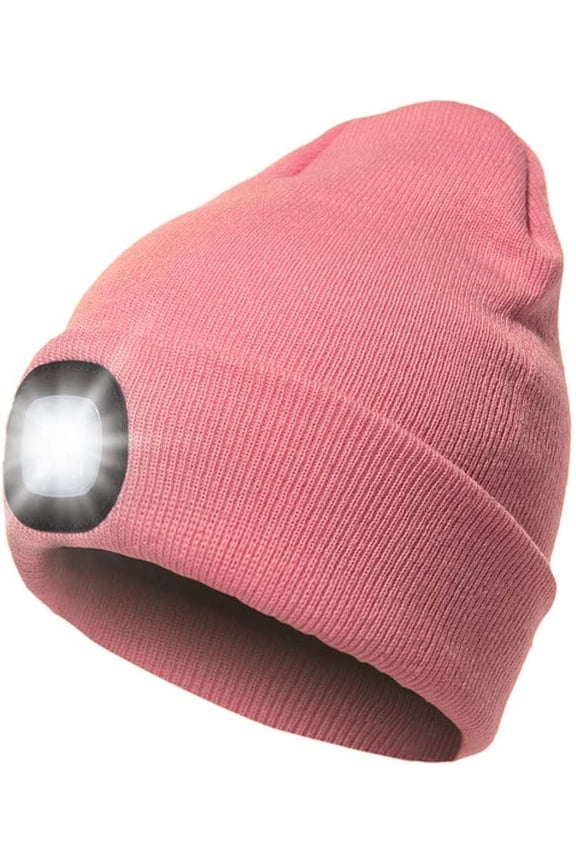 LED Beanie with Light,Unisex USB Rechargeable Hands Free 4 LED Headlamp Cap,Women Men Winter Knitted Night Lighted Hat Flashlight for Outdoor Sports Camping Hiking (Pink)