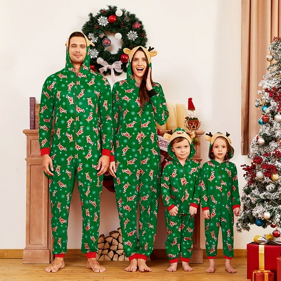 Viworld Matching Family Christmas One Pieces  Pajamas Sets Elk Antler Hooded Romper PJ's Zipper Jumpsuit Loungewear
