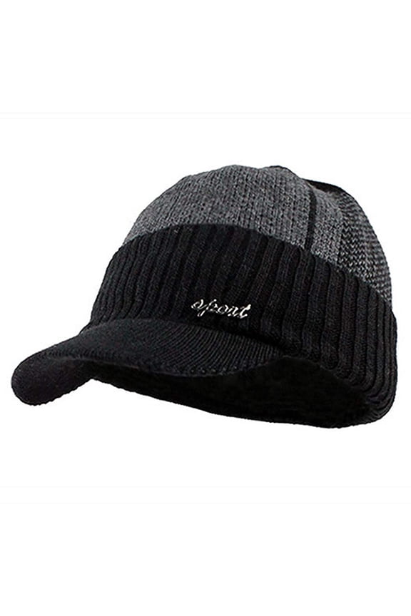 Men Winter Hat Knit Cable Visor Beanie with Fleece Lining Patchwork Stripe Newsboy Cap with Brim