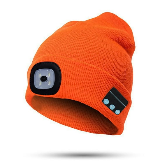 Viworld Men Women 4 LED Beanie Hat USB Rechargeable Headlamp Cap Built-in Stereo Speakers & Mic Winter Knitted Bluetooth Music Beanie Hat (Bright Orange)