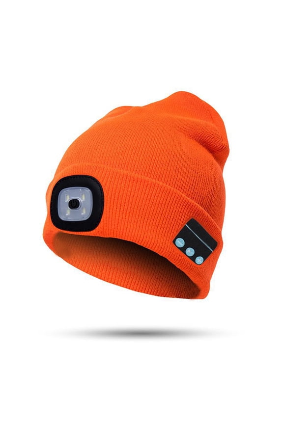 Men Women 4 LED Beanie Hat USB Rechargeable Headlamp Cap Built-in Stereo Speakers & Mic Winter Knitted Bluetooth Music Beanie Hat (Bright Orange)