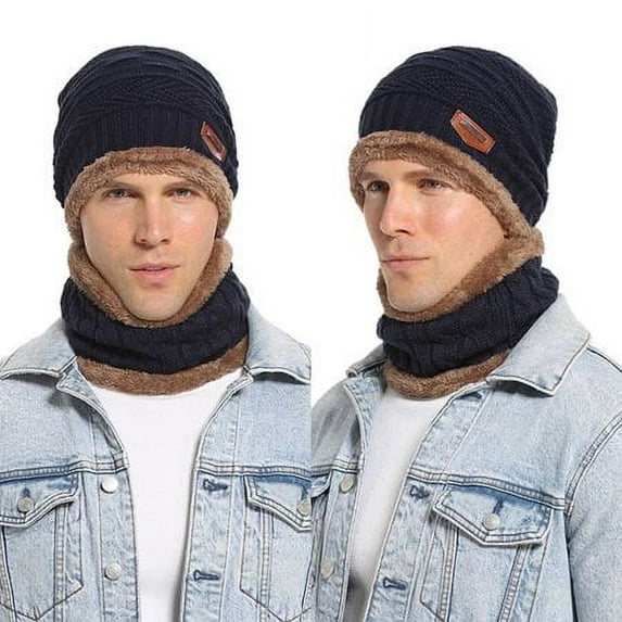 Viworld Men Women Winter Beanie Hat Scarf Set Warm Knit Hat Thick Fleece Lined Winter Cap Neck Warmer,Blue