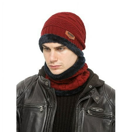Viworld Men's Winter Knitted Hat Scarf Set Solid Plush Lined Windproof Beanie 2Pcs Warm Cap and Neckerchief