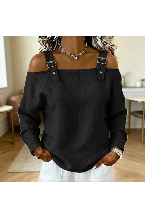 Metal Buckle Straps + Off-Shoulder – Women's Vacation Long Sleeve Top, Dropped Shoulder, Solid Color Casual Outfit Black，M