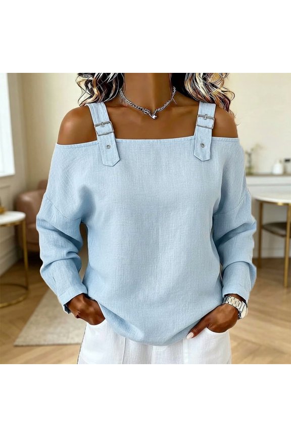 Metal Buckle Straps + Off-Shoulder – Women's Vacation Long Sleeve Top, Dropped Shoulder, Solid Color Casual Outfit Light Blue，3XL