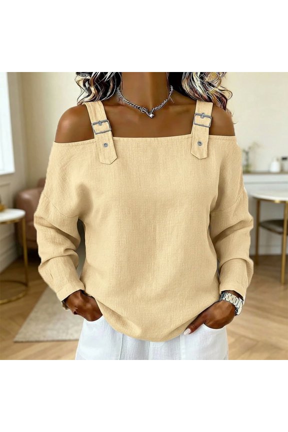 Metal Buckle Straps + Off-Shoulder – Women's Vacation Long Sleeve Top, Dropped Shoulder, Solid Color Casual Outfit Yellow,S