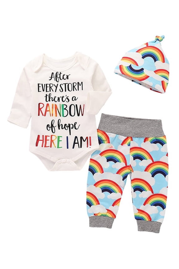 Newborn Baby Girl Boy Rainbow Romper Tops Jumpsuit Pants Hat Outfits Clothes Set