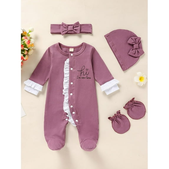 Viworld Newborn Baby Girl Clothes Romper Letter Print Jumpsuits Cute Infant Outfit for Baby Girls 4Pcs Clothing Set