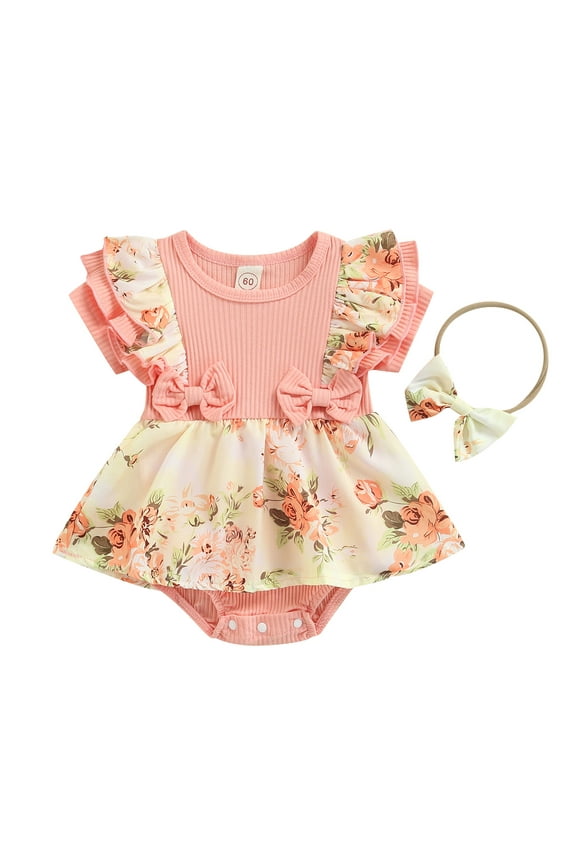Newborn Baby Girl Clothes Spring Summer Infant Romper Floral Suspenders Dress Ruffle Sleeve one-piece Outfit Jumpsuit+Headband