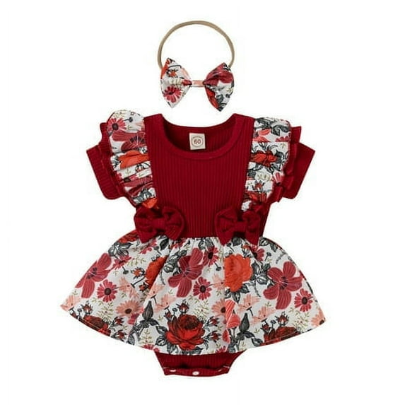 Viworld Newborn Infant Baby Girl Ruffle Short Sleeve Romper Floral Tutu Skirt Dress Jumpsuit With Headband Summer 2PCS Outfit Set (Wine Red, 12-18 Months)