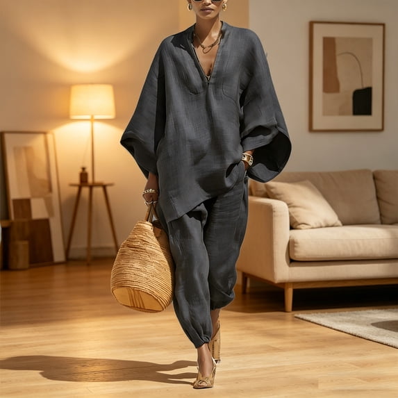 Viworld Pockets + Batwing Sleeves + High Waist Joggers! Women's Relaxed Fit Two-Piece Set, Casual Vacation Wear Dark Gray,L