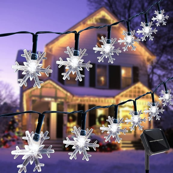Viworld Solar Snowflake String Lights, 50 LED 23 FT Outdoor Christmas Fairy Lights, 8 Lighting Modes & Waterproof for Holiday New Year Wedding Party, Xmas Tree, Garden Decor, White