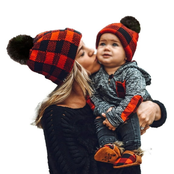 Viworld Spring Winter Parent-Child Hat, Buffalo Plaid Knit Beanie Cap with Faux Fur Pom Pom for Family Matching Mother Baby