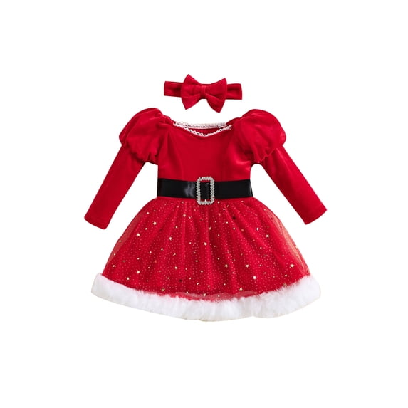 Viworld Toddler Baby Girl Christmas Outfit, Long Sleeve Stars Tulle Dress with Bow Headband 2Pcs,Red