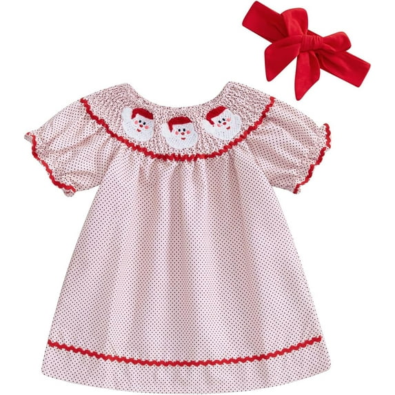 Viworld Toddler Baby Girl Smocked Christmas Dress Santa Claus Short Sleeve Princess Dresses Xmas Outfit Headband