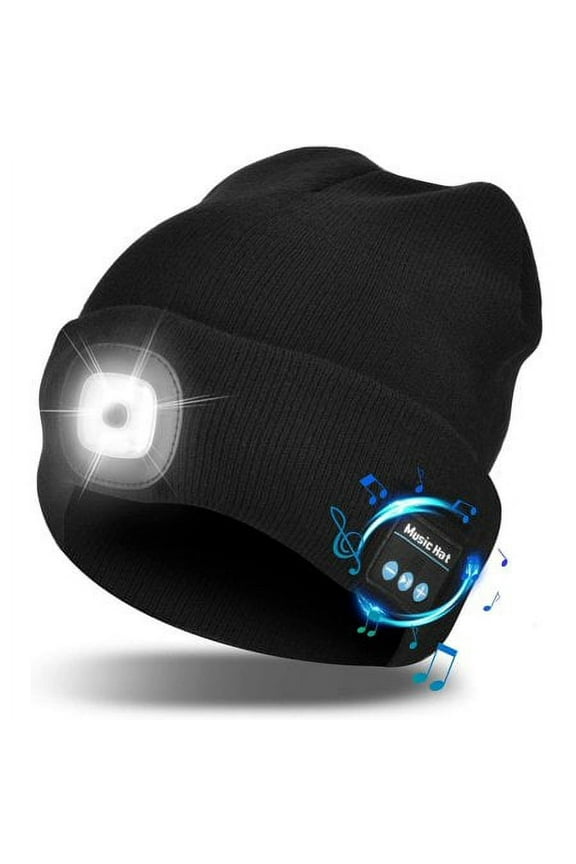 Unisex Bluetooth Beanie Hat with Light,4 LED USB Rechargeable Wireless Headphones Tech Caps,Gifts for Men Father Dad Husband Boyfriend Him Women Teen Boy Girls (Black)