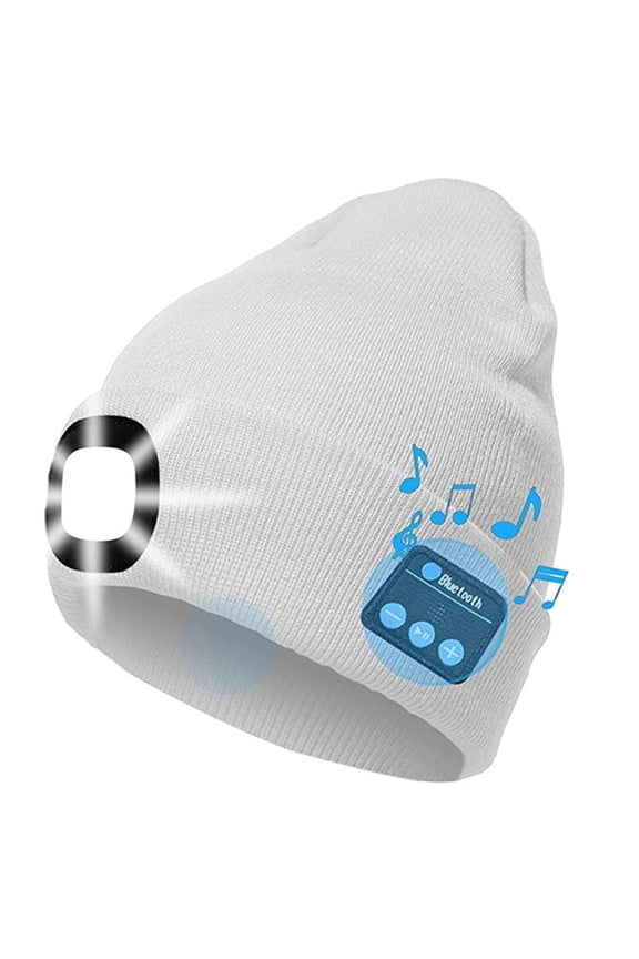 Unisex Bluetooth Beanie Hat with Light, 4 LED USB Rechargeable Wireless Headphones Speakers Caps for Men Women Winter Gifts, White