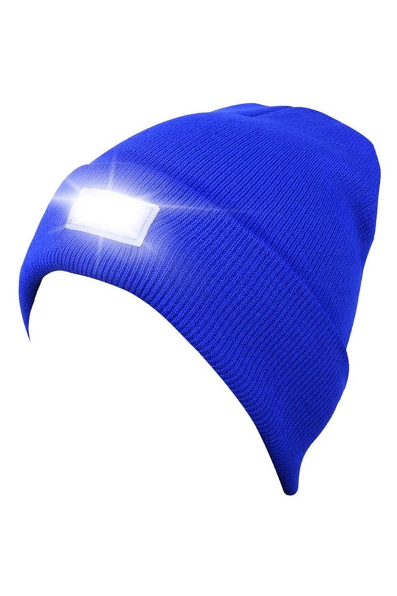 Unisex Knitted Beanie with Light ,Winter Warm Cuffed Beanie Cap Built-In 5 LED Flashlight Men Women Headlamp Hat for Outdoor Hiking ,Camping ,Running Blue