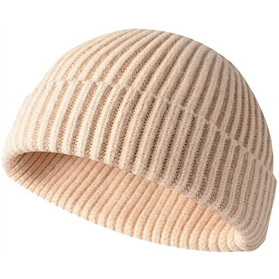 Viworld Unisex Winter Beanie Hat Short Ribbed Fisherman Skullcap Trawler Knit Cuff Beanie Cap, Beige