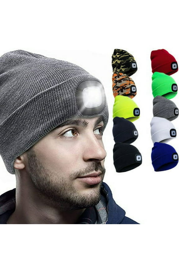 LED Beanie Hat with Light,Unisex USB Rechargeable Hands Free 4 LED Headlamp Cap Winter Knitted Night Lighted Hat Flashlight Women Men Gifts for Dad Him Husband