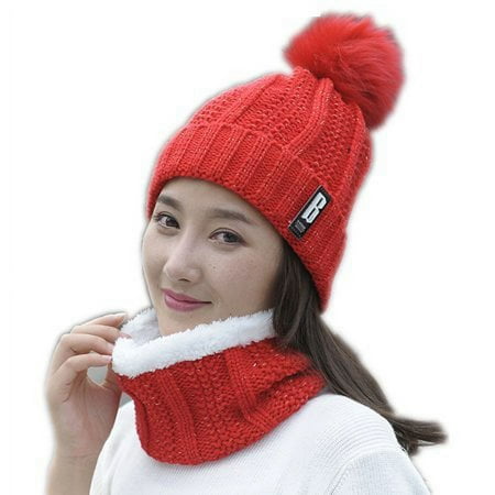 Viworld Winter 2Pcs Pom Pom Cable Beanie Hat Scarf Set Soft Warm Knit Ski Cap Thick Neck Scarf for Women